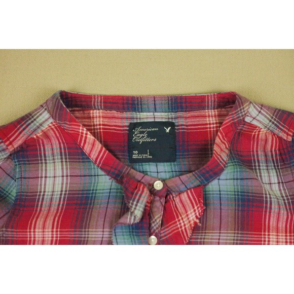 American Eagle AEO Womens Sz 10 Ruched Front Tunic Blouse Long Sleeve Plaid - Picture 5 of 12